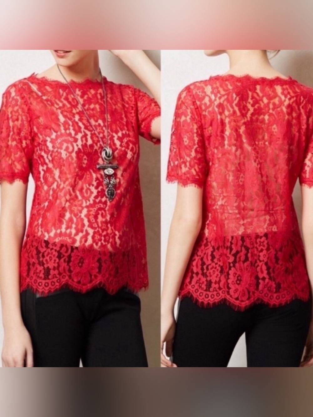 Anthropologie Red Lace Short Sleeve Women's Top